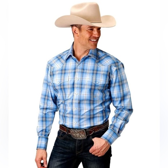 Roper Men’s Western Casual Shirt SZ 2XLT Wear The West Blue Plaid Long Sleeve - Picture 1 of 9